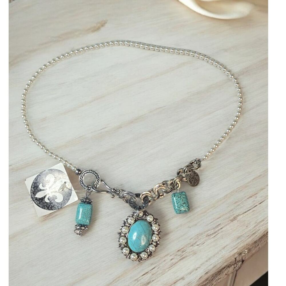 Pearl and Turquoise Charm Necklace Front Clasp Cluster Pendant Coastal Romantic